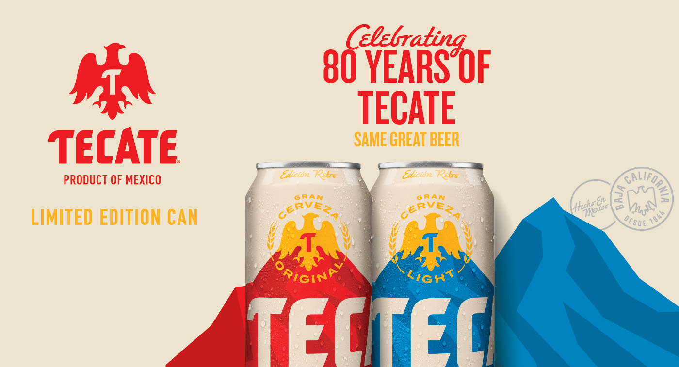 A 12 oz can of Tecate® Light and another of Tecate® Original next to a glass of Tecate®.